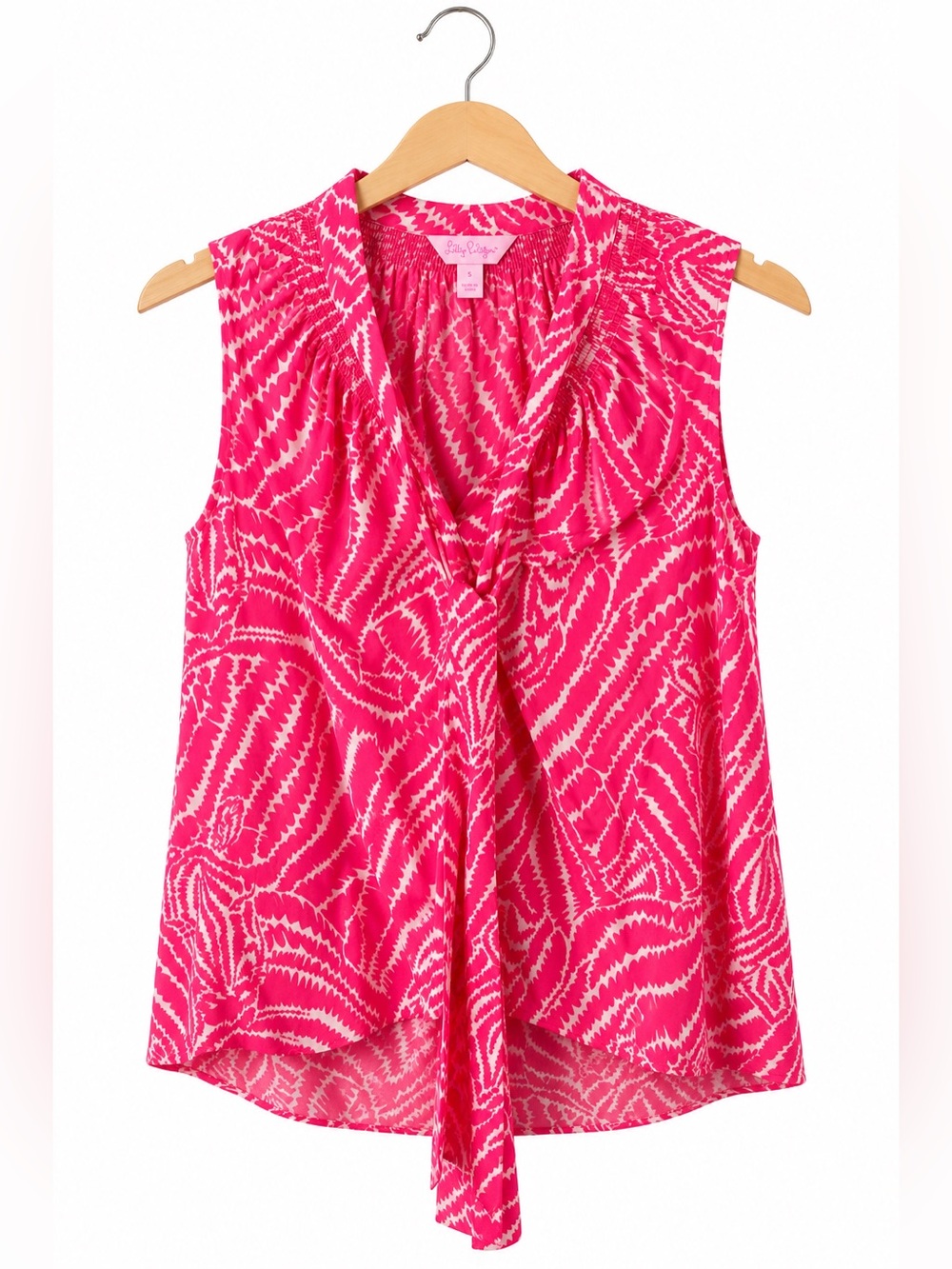 Lilly Pulitzer Hot Pink White Print Sleeveless Tie Neck Top Resort Preppy